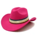 Pink felt western cowboy hat closeup, featuring silver star rivets and striped hatband design. - One Size / Rose Red