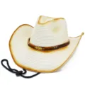 Cappello di paglia da cowboy occidentale con fascia marrone e piuma per attività all'aperto. - Taglia unica / Bianco