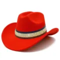 Red western cowboy hat featuring star studded decorative band for party festival dress up. - One Size / Red