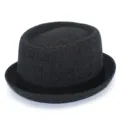Classic grey plaid bowler hat detail, retro British style jazz hat for men and women. - One Size / Dark Gray