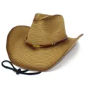 Vista dettagliata del cappello da cowboy in paglia, comodo cappello da sole per mare. - Taglia unica / Marrone