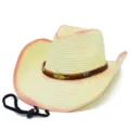 Elegante cappello da cowboy in paglia con bordo rosa sfumato, piuma e sottogola. - Taglia unica / Rosa