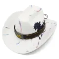 Close-up of white cowboy hat featuring black horse print and studded brown leather hat band style. - One Size / White