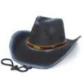 Cappello da cowboy occidentale in paglia con fascia di piume e sottogola per la spiaggia. - Taglia unica / Nero