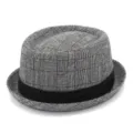 Classic black and white plaid fedora hat for men and women, retro British jazz style. - One Size / Light Gray