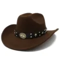 Brown western cowboy hat with metal studs, star strap, cool punk style party headwear - One Size / Coffee
