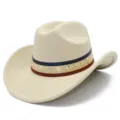 Detailed close-up of lightweight white cowboy hat with patriotic star rivet band design. - One Size / Beige