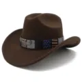 Classic brown western cowboy hat with eagle badge and american flag band, perfect for outdoor styling. - One Size / Coffee