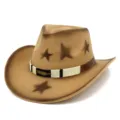 Vintage bruine vilt western cowboyhoed met sterrenprint en decoratief veerdetail. - Eén maat / Donkerbruine Ster Stijl