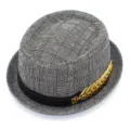 Stylish black and white plaid fedora hat with elegant gold leaf decoration and black band. - One Size / Light Gray