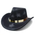 Retro black wool cowboy hat with star pattern, ethnic band and feather decoration for men women. - One Size / Black Star Style