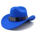Blue felt cowboy hat detail view showing decorative belt with eagle and American flag pattern. - One Size / Sapphire Blue