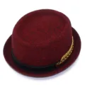 Men's vintage British style fedora hat with red plaid pattern and chic gold leaf decor. - One Size / Burgundy