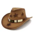 Retro bruine wollen vilt western cowboyhoed met sterrenmotieven en stijlvolle veren band. - Eén maat / Bruine Ster Stijl