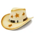 Detailed view of retro western cowboy hat with vintage star print and elegant feather hatband. - One Size / Beige Gradient Star Style
