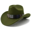 Military green wool felt cowboy hat with American flag pattern band and metal eagle badge. - One Size / Army Green