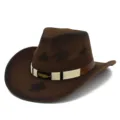 Retro wollen vilt western cowboyhoed met sterrenprint en veerdecoratie voor buiten. - Eén maat / Middelbruine Ster Stijl