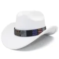 White western cowboy hat featuring a patriotic flag hatband and metal eagle emblem. - One Size / White