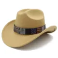 Detail view of khaki cowboy hat with eagle badge and US flag pattern decorative band. - One Size / Camel