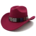 Rose red western cowboy hat with American flag eagle band for outdoor sun protection - One Size / Burgundy