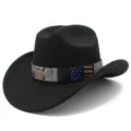 Vue détaillée du chapeau de cowboy western noir avec ruban drapeau américain et aigle. - Taille unique / Noir