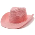 Detailansicht eines rosa geflochtenen Stroh-Cowboyhuts für den Sonnenschutz im Freien. - Einheitsgröße / Rosa