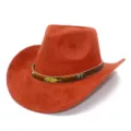 Close-up of orange suede cowboy hat detail, showing metal feather charm and woven band texture. - One Size / Orange Red