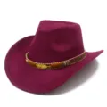 Women Suede Western Cowboy Hat Fedora Jazz Cap with Gold Leaf Band Purple Detail View - One Size / Rose Red