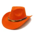 Suede western cowboy hat detail, orange curved brim, metal leaf leather belt decor. - One Size / Orange