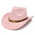 Pink suede cowboy hat with a brown woven band and gold leaf charm for stylish looks. - One Size / Pink