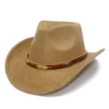 High quality suede curved brim cowboy hat with metal leaf belt detail, perfect jazz hat. - One Size / Brown