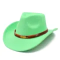Detailed view of green suede cowboy hat with brown leather strap and golden leaf charm. - One Size / Green
