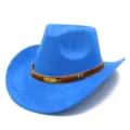 Cappello da cowboy in camoscio blu con fascia in pelle marrone e piuma dorata accessorio moda - Taglia unica / Blu