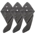 Grey coral fleece hair drying towel detail, soft texture with white button and loop close-up. - 25*65cm / Gray