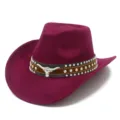 Detailed view of dark pink western cowboy hat with metal longhorn bull skull and studs. - One Size / 11#