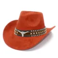 Close-up detail of the orange suede cowboy hat featuring a studded leather band and metal bull skull. - One Size / 12#