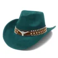 Dark green suede western cowboy hat with metal bull skull and stud band for fashion outdoor. - One Size / 13#