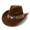 Brown suede cowboy hat with metal studs and bull skull decor for men and women stylish. - One Size / 21#