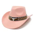 Pink suede western cowboy hat detail showing studded leather band and silver bull skull accent. - One Size / 20#