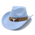 Close-up detail of light blue suede cowboy hat with brown studded band and silver bull skull. - One Size / 17#