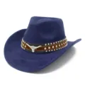 Blue suede cowboy hat for men and women, featuring a metal bull skull and rivet band, retro style. - One Size / 15#