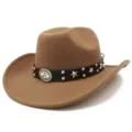 Detailed view of brown western cowboy hat with metallic star studs and black leather band. - One Size / Brown