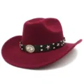 Burgundy western cowboy hat with studded star leather band for punk parties and fashion wear. - One Size / Burgundy