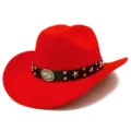 Detailed view of the stylish red punk western cowboy hat with black studded star band. - One Size / Red