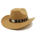 Stylish khaki cowboy hat with black leather strap, metal stars, and vintage buckle detail. - One Size / Khaki
