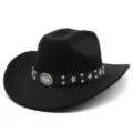 Punk style black felt cowboy hat with star studs, perfect for parties and fashion daily wear. - One Size / Black