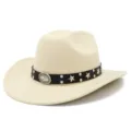 Detailed close-up shot of off-white cowboy hat with metallic star studs and leather band. - One Size / Beige