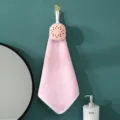 Pink coral fleece hanging hand towel with cute fruit plush decor for home bathroom use. - 30*30cm / Pink
