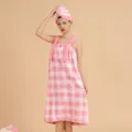 Coral fleece plaid wearable bath towel dress and dry hair cap set for women, soft and absorbent. - Bath Skirt / Pink