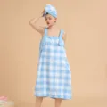 Blue and white plaid coral fleece wearable bath towel set with matching hair drying cap. - Bath Skirt / Blue